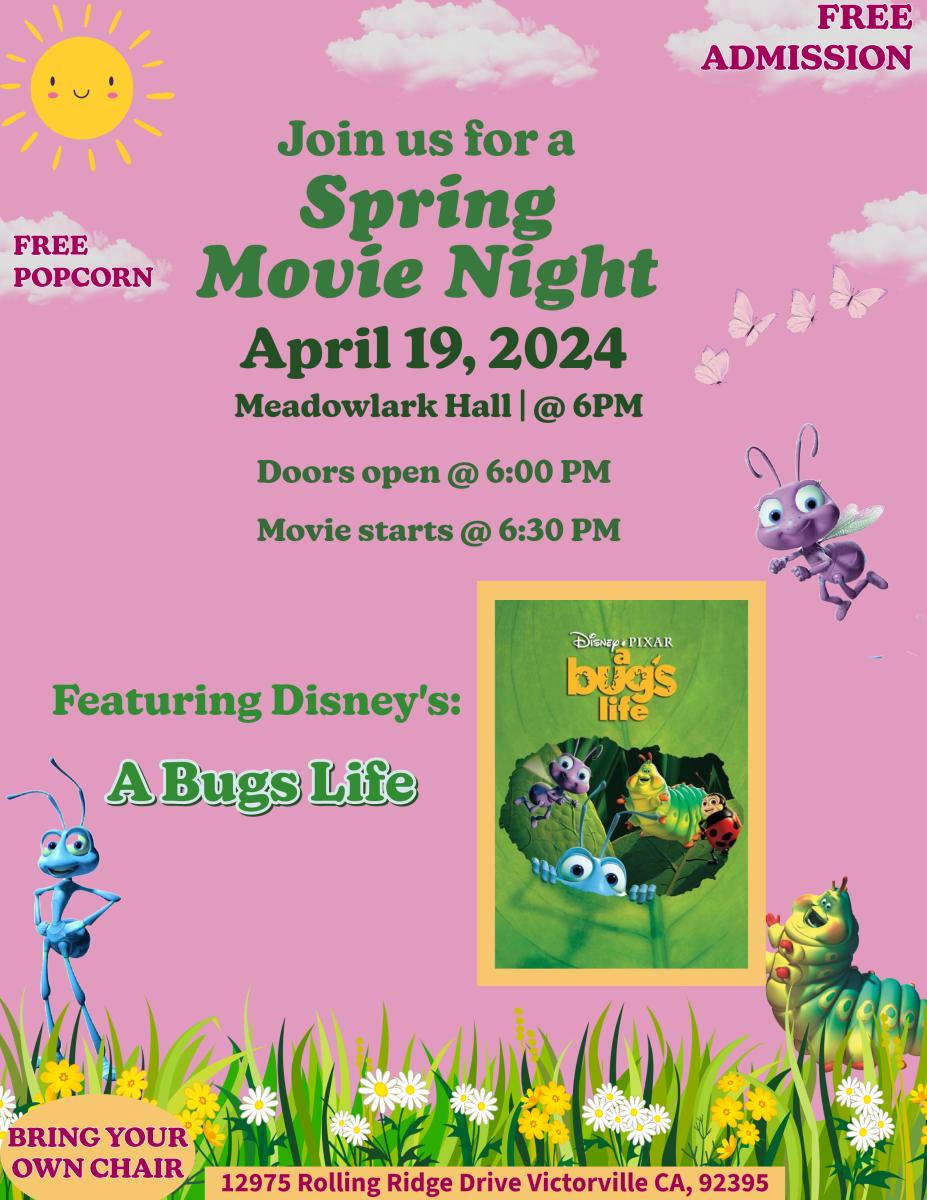 April Movie Night featuring A Bug's Life, April 19th at Meadowlark Hall at 6pm, movie begins at 6:30pm, Free Popcorn provided, bring your own chair