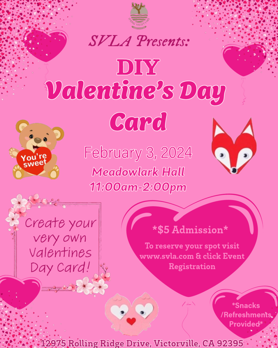 Join us for a DIY Valentine's Day Card event on Saturday, February 3, 2024 in Meadowlark Hall from 11:00 AM to 2:00 PM!  Snacks/Refreshments provided  $5.00 - To reserve your spot visit www.svla.com & click "Event Registration".